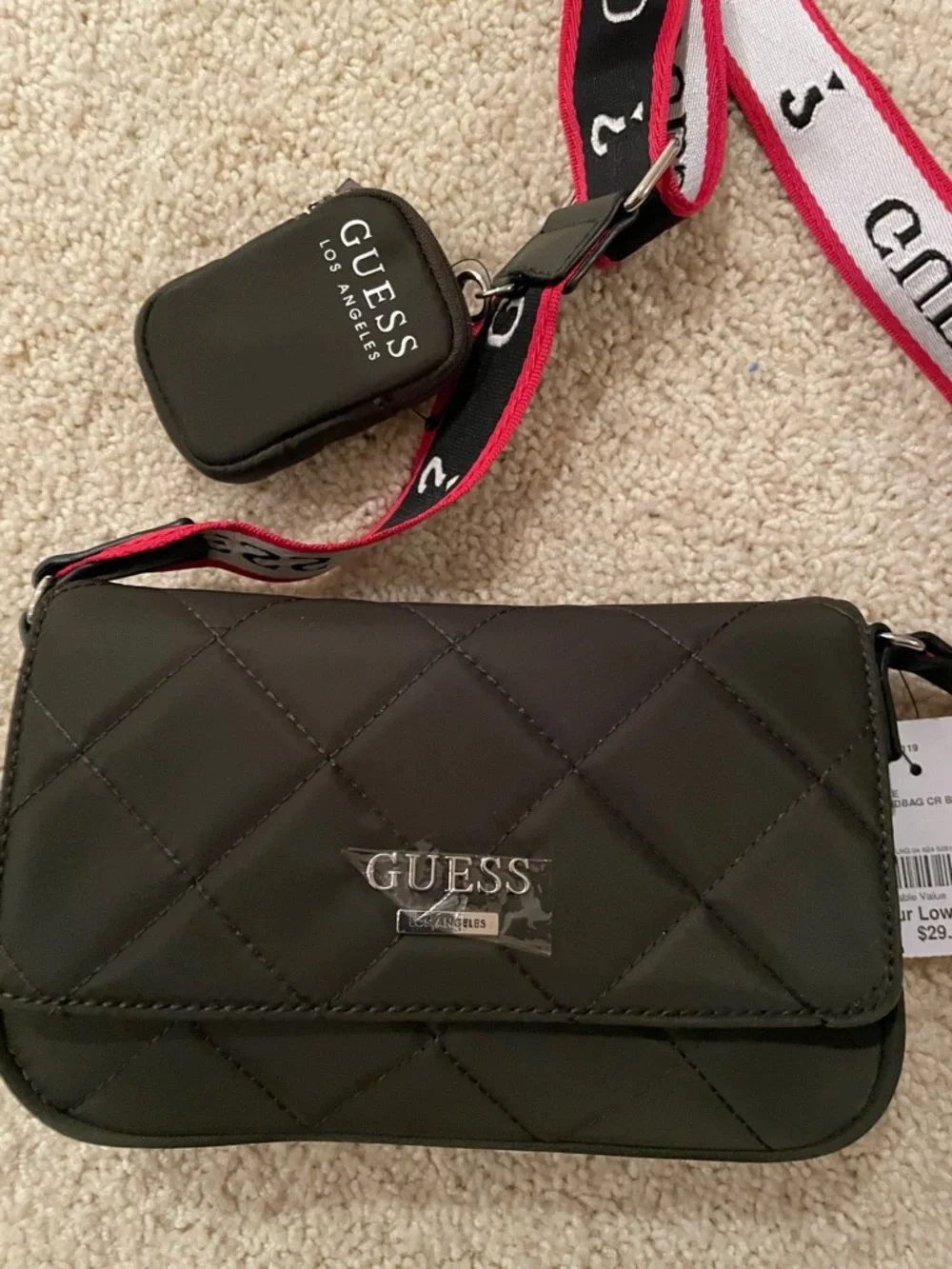 Guess Olive Green Mini Crossbody with Black, Red & White Logo Strap - Picture 2 of 13